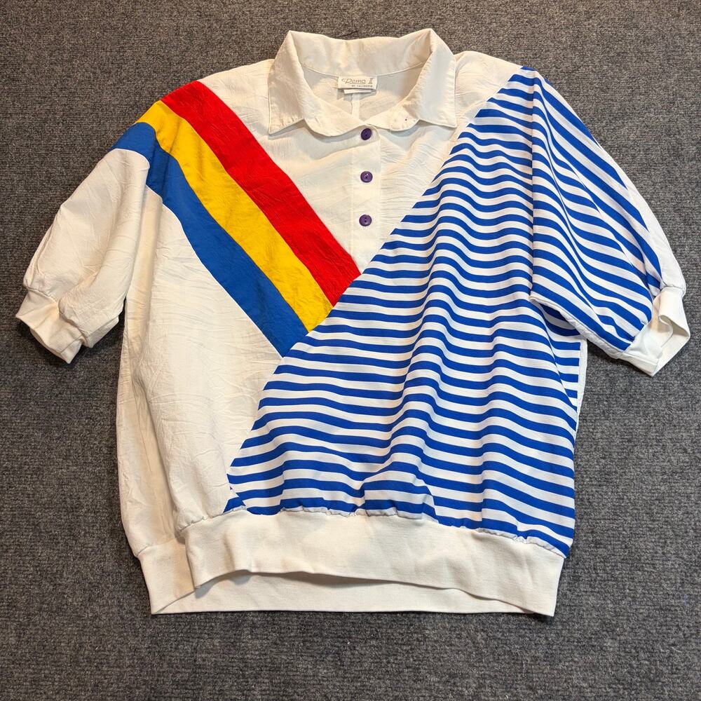 Vintage Reno II Women's Size 18W White Rainbow Polo Short Sleeve Shirt Top USA